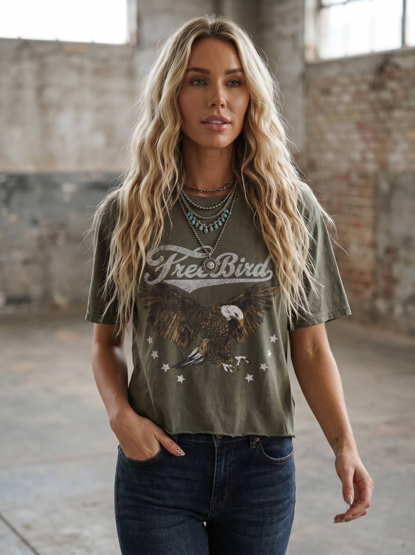Free Bird Graphic Raw Hem Crop Tee