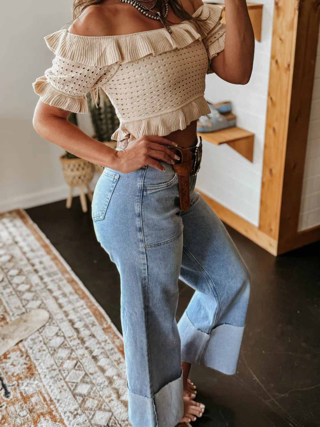 High-Waisted Wide Leg Cuffed Jeans