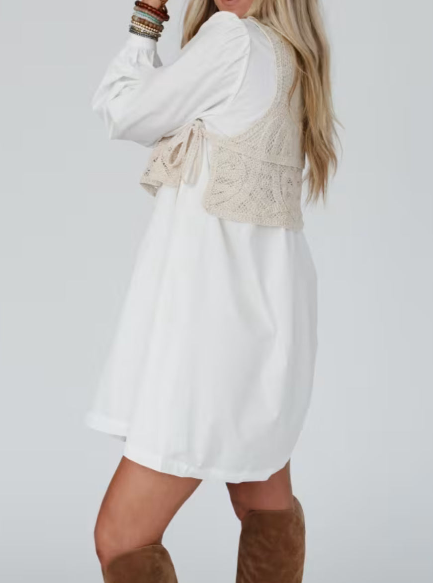 Annie Wear Crochet Vest Notched Long Sleeve Shirt Dress