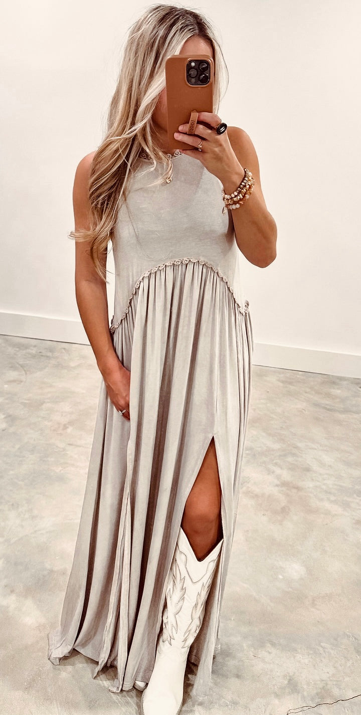 Stone Washed Side Slit Cut Out Maxi Dress