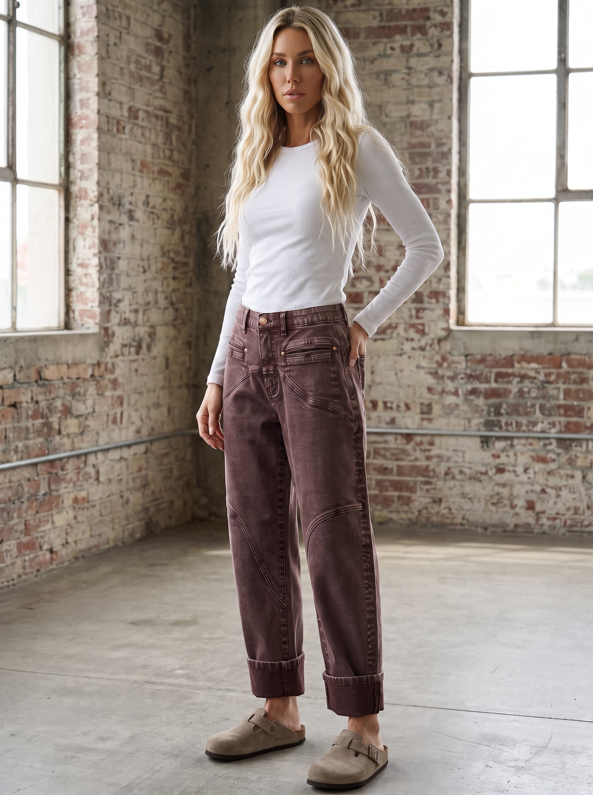 Saige Brown Washed Barrel Jeans
