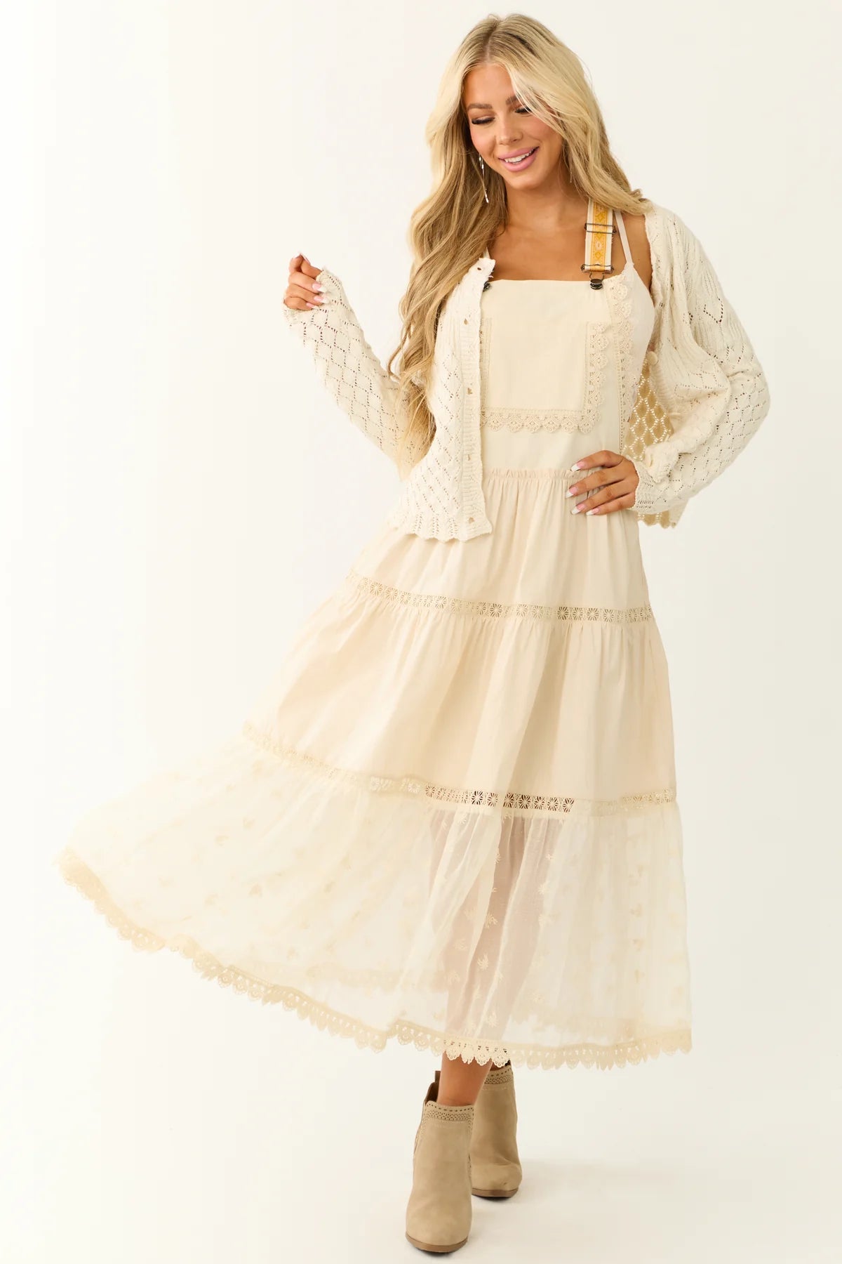 Laced and Tiered Romantic Overall Maxi Dress