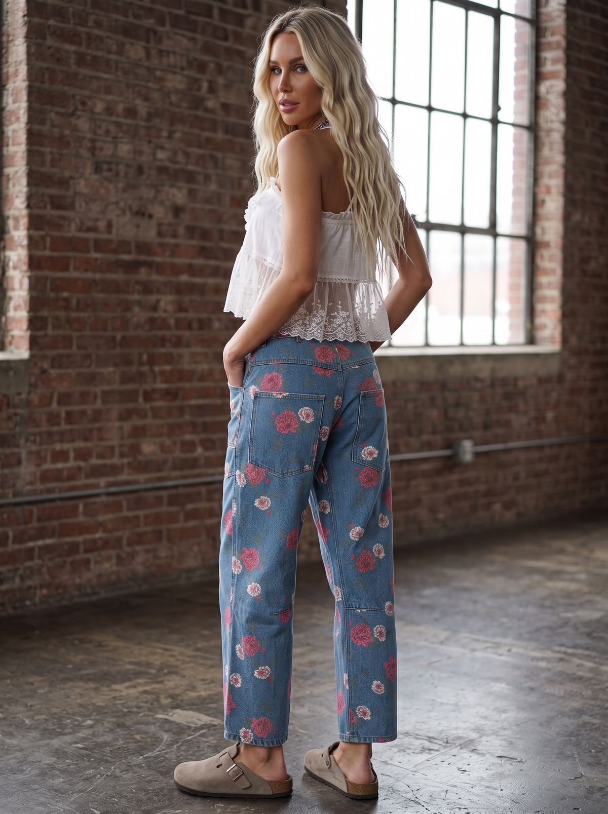 Eesome Floral Print Barrel Jeans