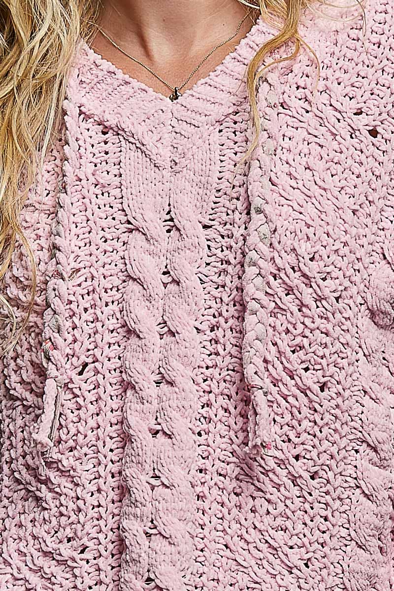 Oversize Fit V-neck Hooded Cable Knit Chenille Sweater SALE