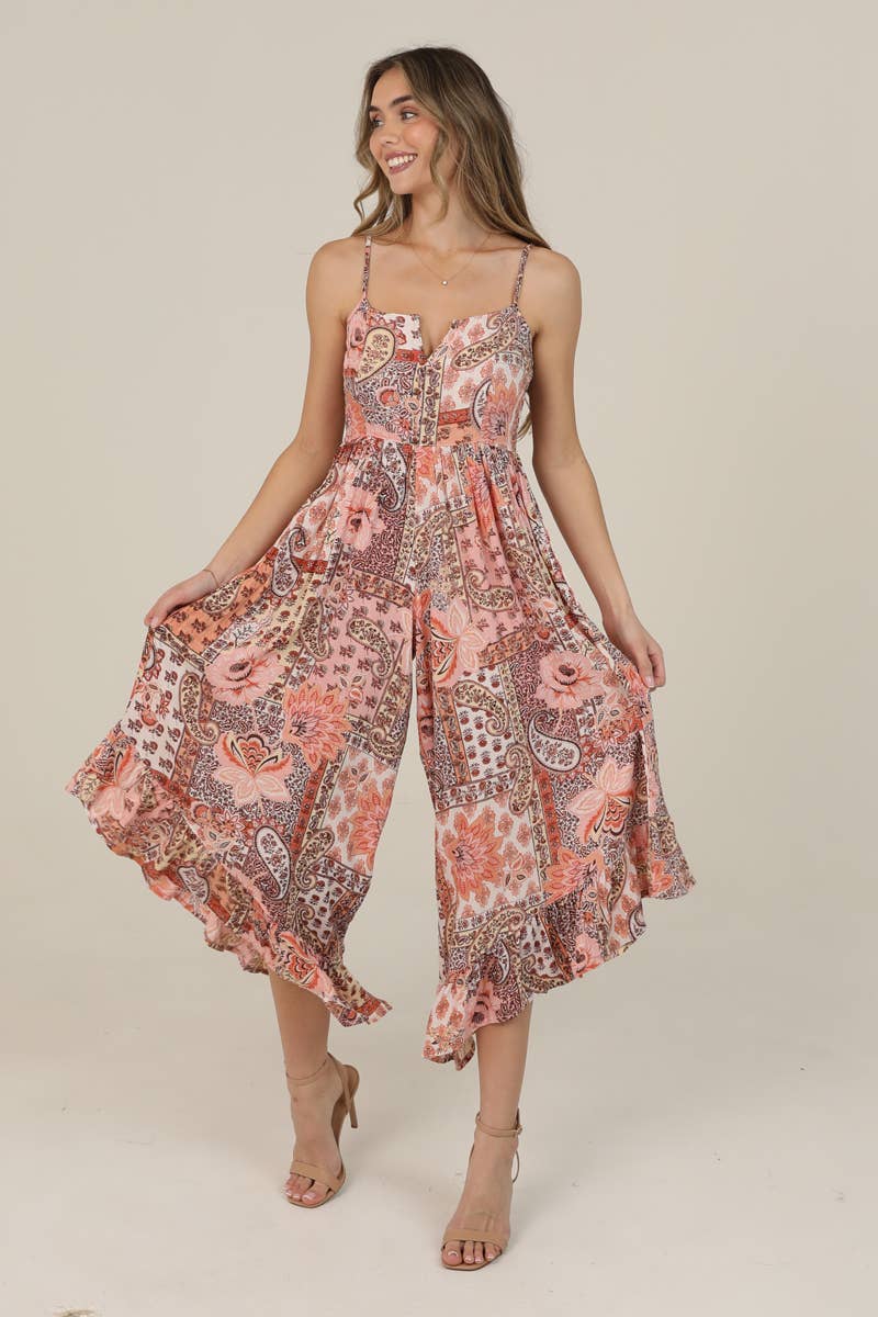 Q5Y17-W909 PAISLEY PATCHWORK PRINT NOTCH NECK WIDE LEG JUMPS