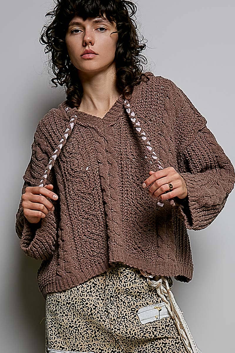 Oversize Fit V-neck Hooded Cable Knit Chenille Sweater SALE