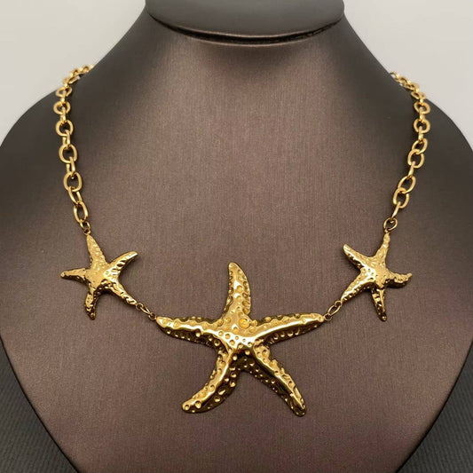 3 Starfish Linked charm 18K Gold-plated S.Steel Necklace - FGS