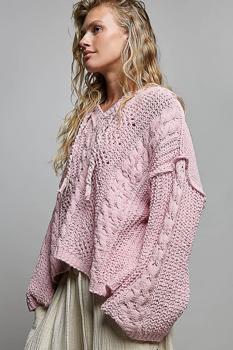 Oversize Fit V-neck Hooded Cable Knit Chenille Sweater SALE