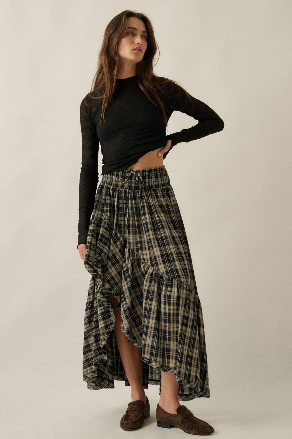 Plaid Asymmetrical High-Low Ruffle Maxi Skirt