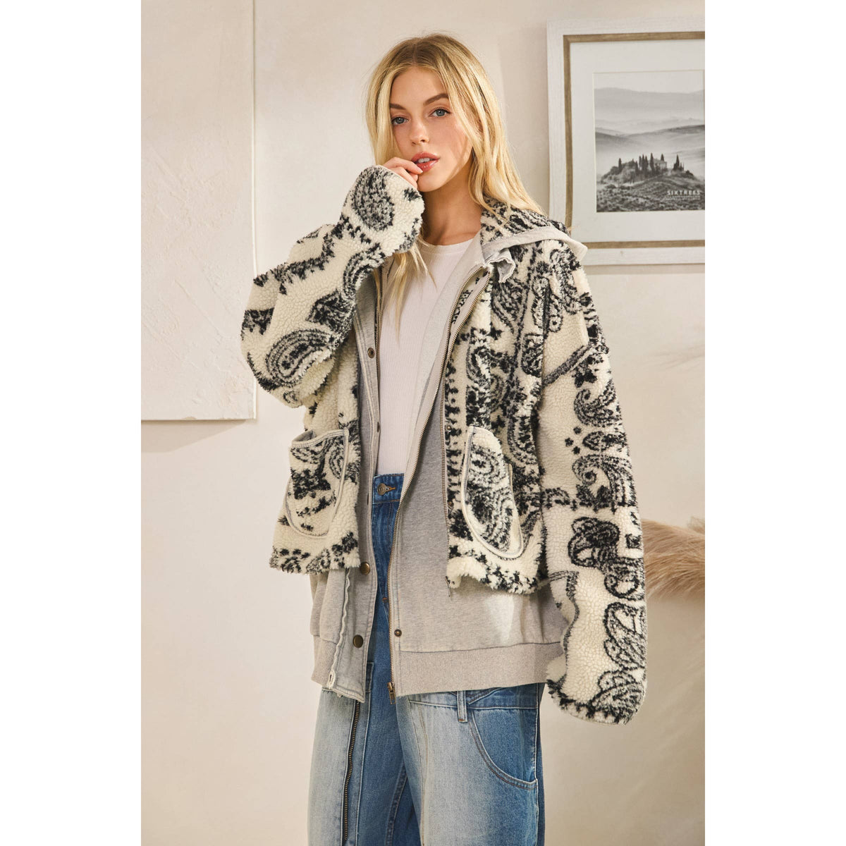 TERRY FLEECE MIX ZIP FRONT JACKET