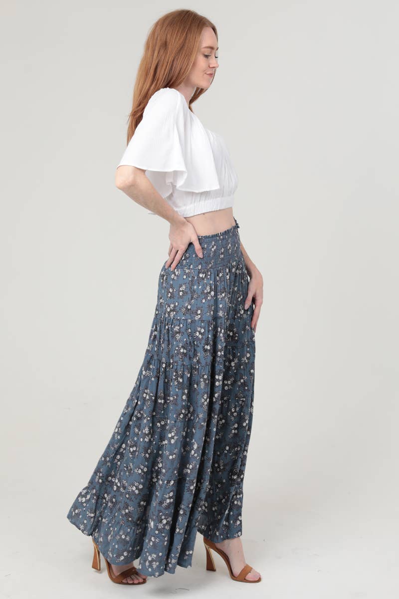 26P57-WA40 DITSY PRINT SMOCKED WAIST TIERED MAXI SKIRT