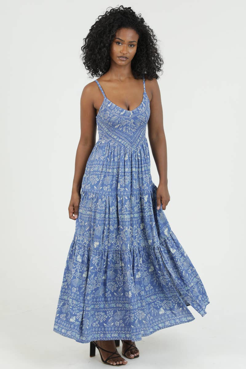 F4K71-WB34 V NECK SMOCKED BODICE MAXI DRESS