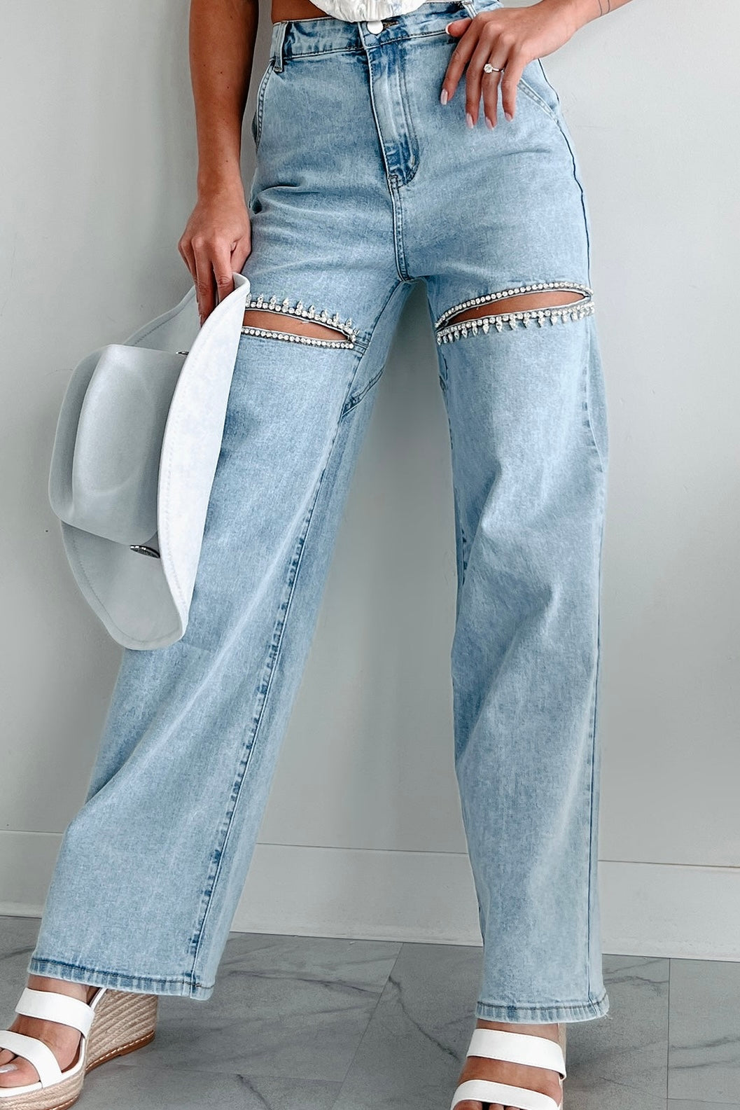 Washed Denim Cut Front Rhinestone Jeans