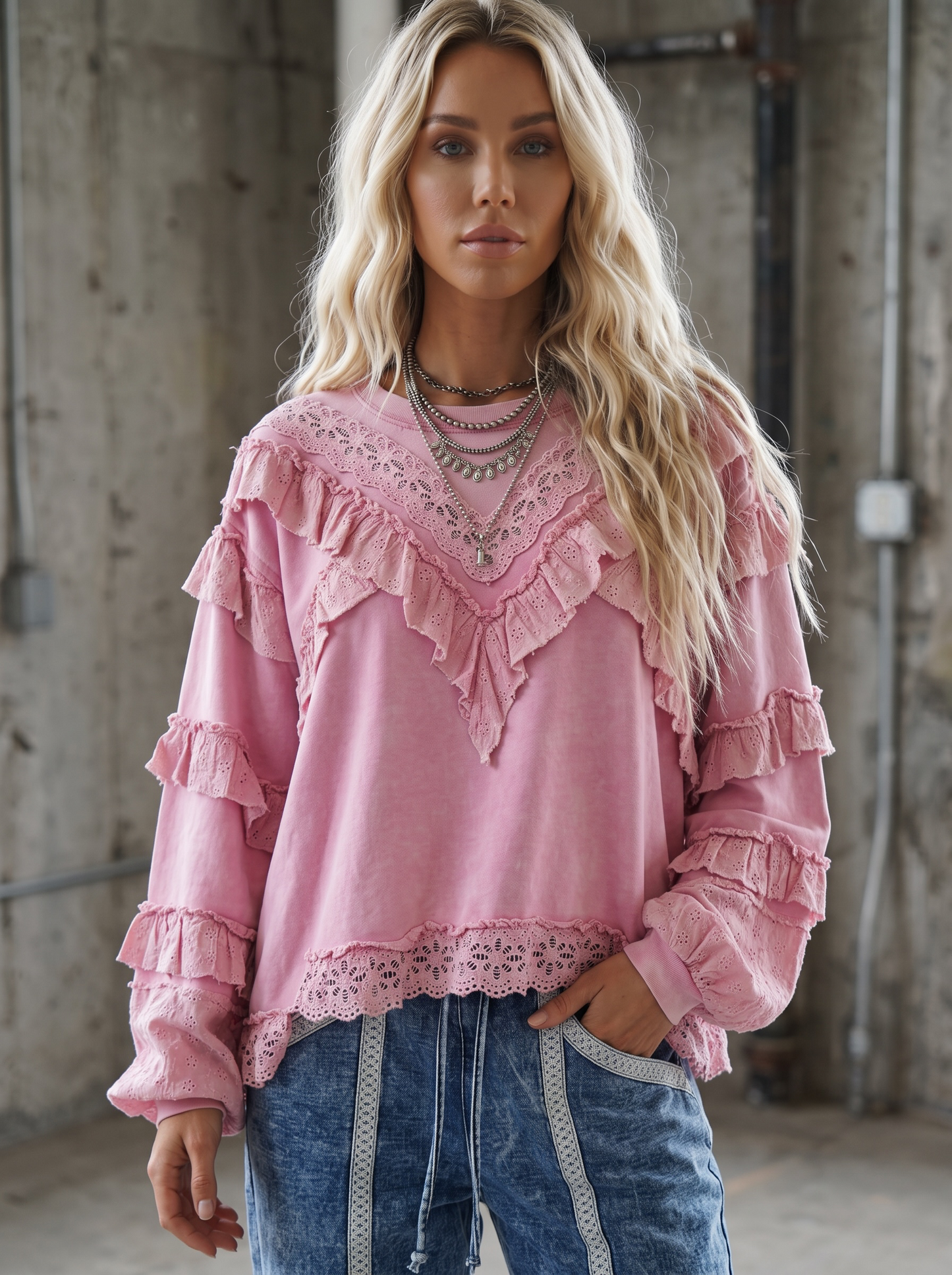 POL Eyelet Ruffle Sweatshirt