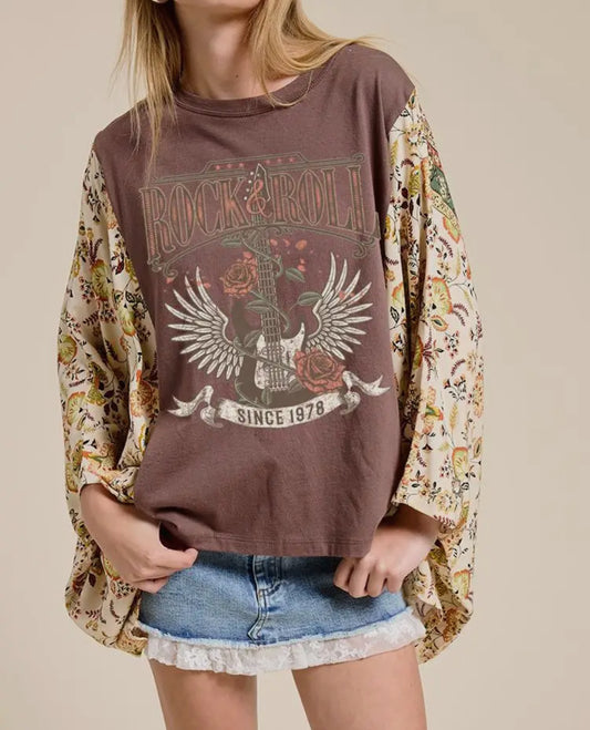 Rock N Roll Vintage Graphic Rustic Contrast Poncho Top