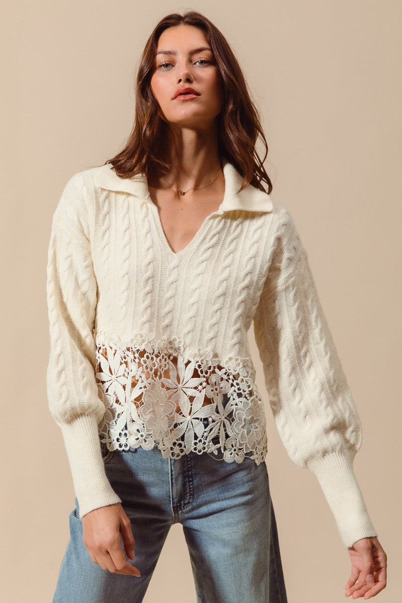 So Me Cable Knit Lace Trim Sweater