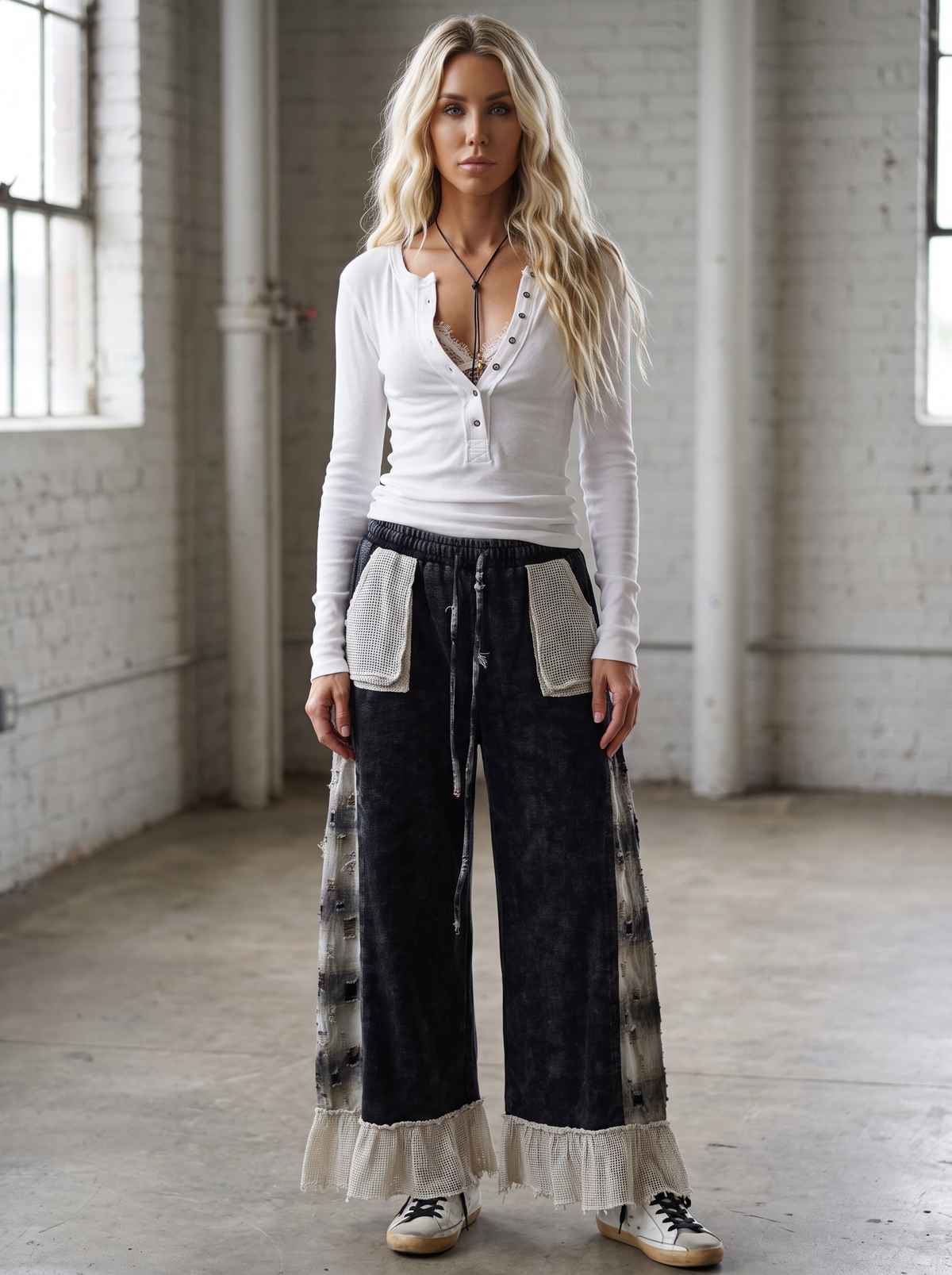 POL Waffle Knit Plaid Wide Leg Pants