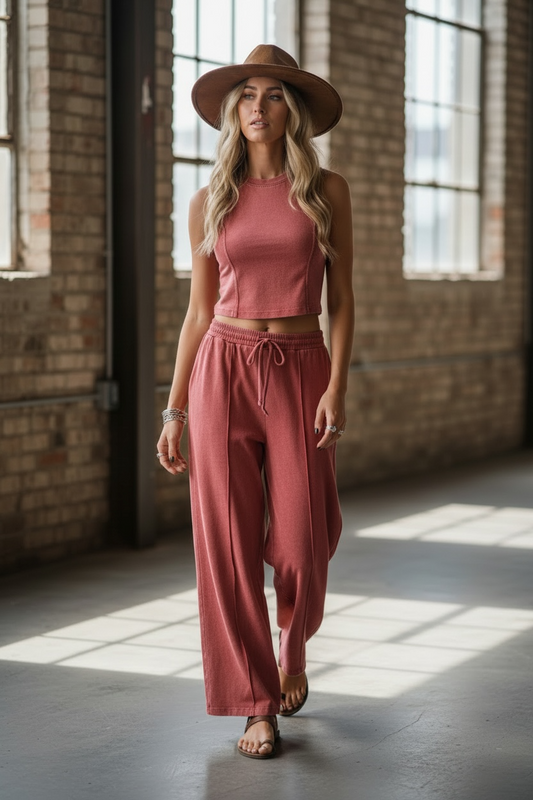 PREORDER- Washed Crop Top & Wide Leg Pant Set