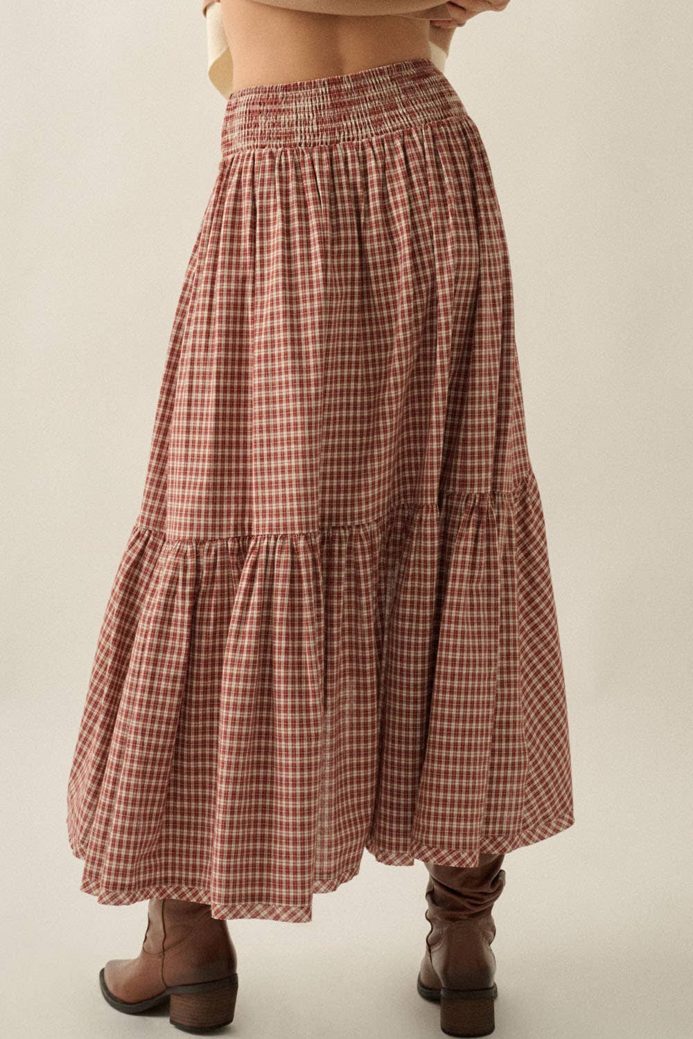 Plaid Asymmetrical High-Low Smocked Ruffle Maxi Skirt