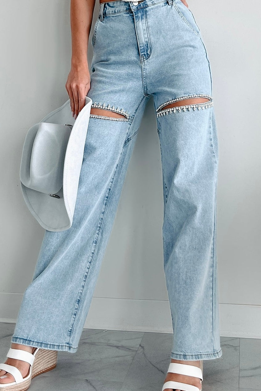 Washed Denim Cut Front Rhinestone Jeans