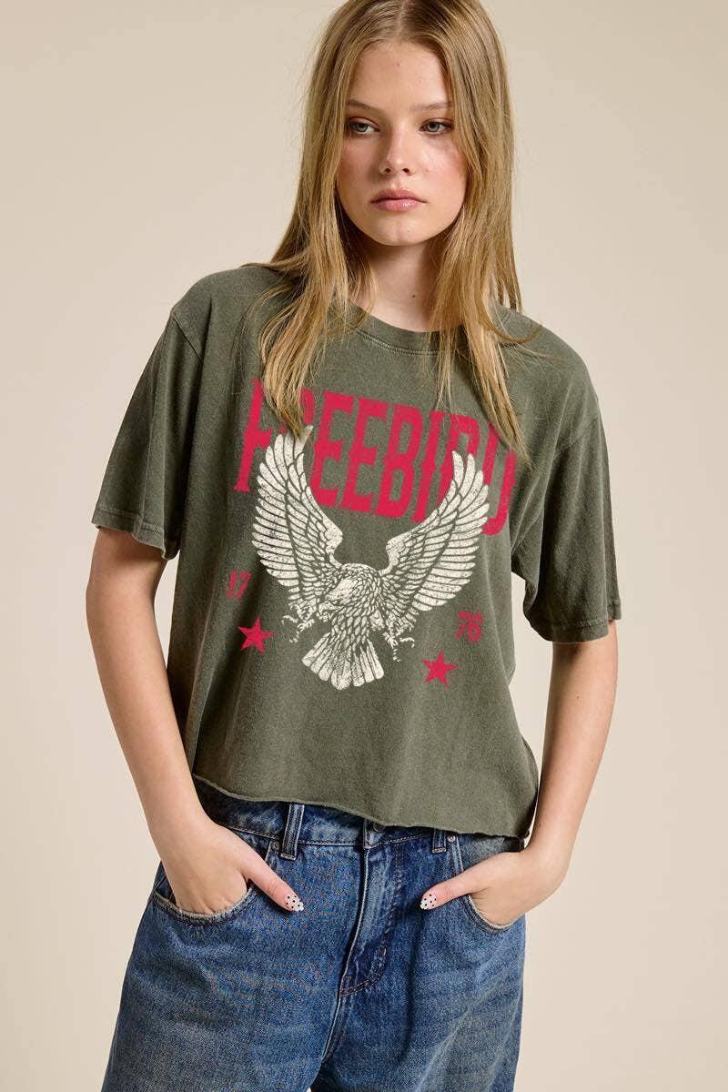 Free Bird 1776 Vintage Graphic Raw Hem Faux Crop Tee