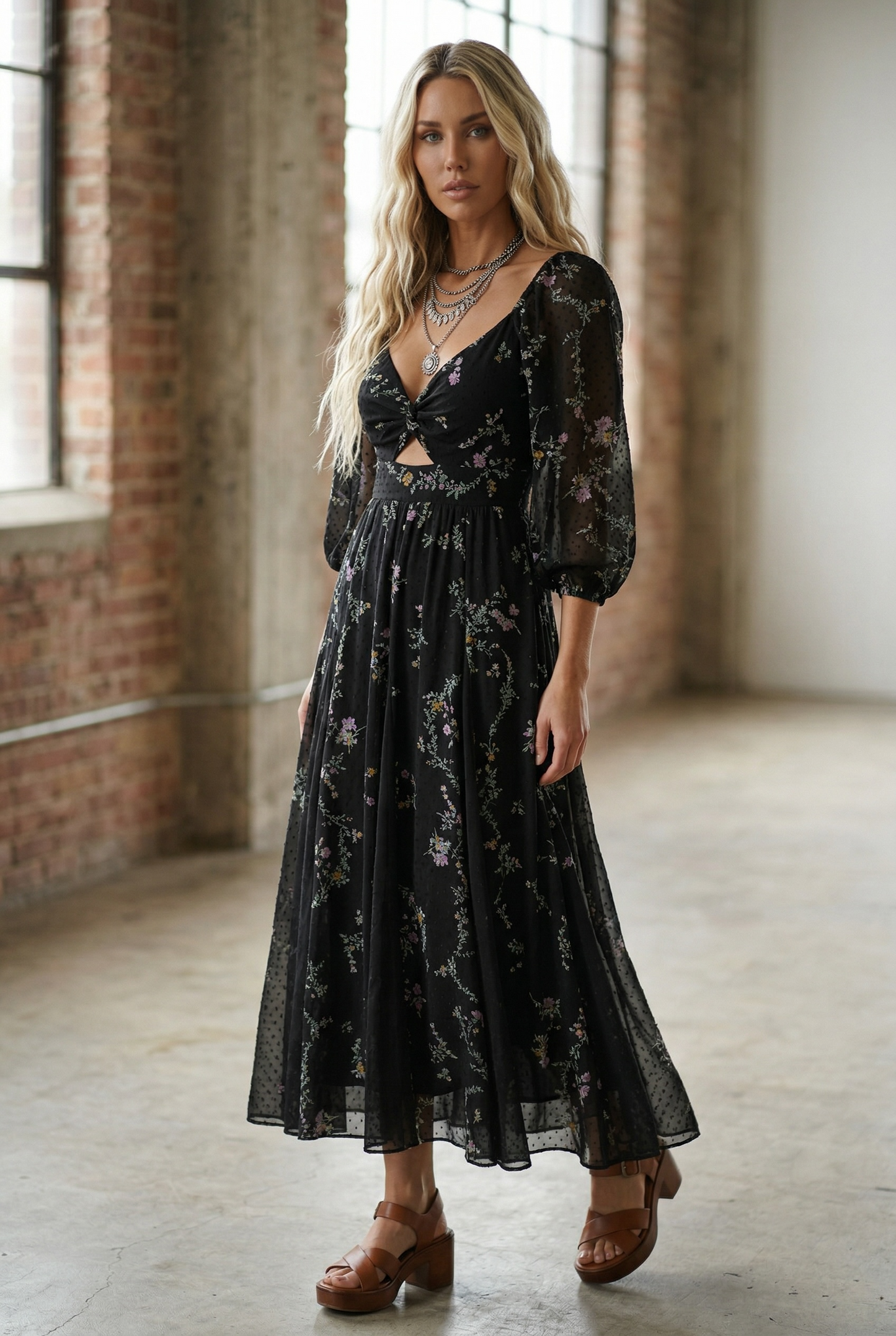 Angie Floral Swiss Dot Maxi Dress