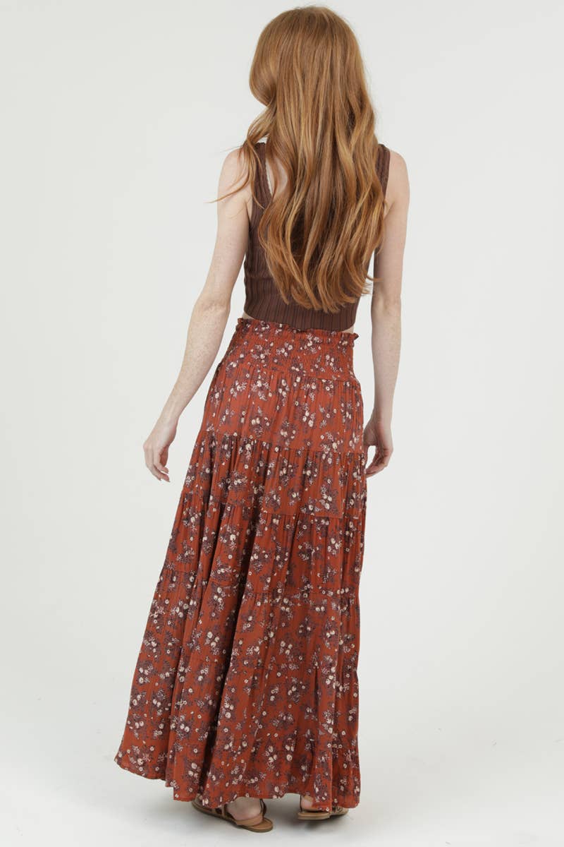 26P57-WA40 DITSY PRINT SMOCKED WAIST TIERED MAXI SKIRT