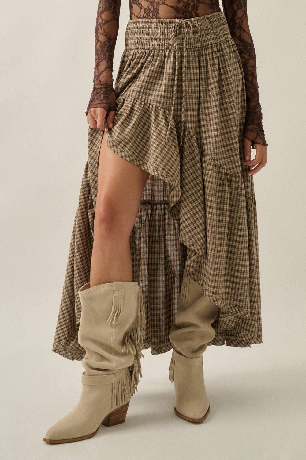 Plaid Asymmetrical High-Low Smocked Ruffle Maxi Skirt