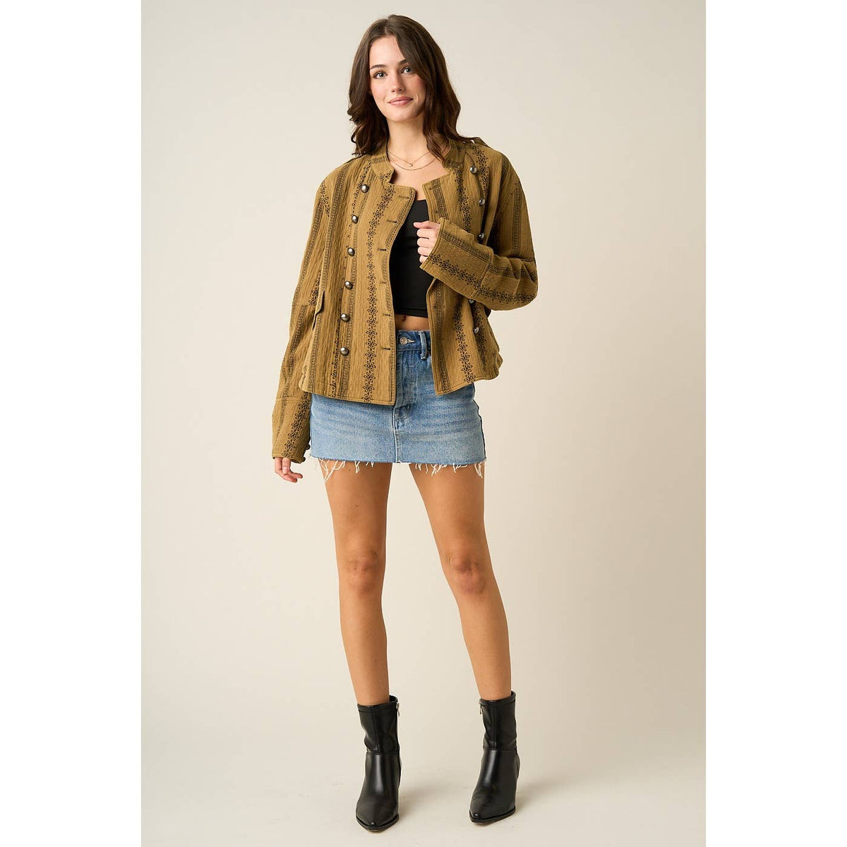 FLORAL ORNAMENT PRINT TEXTURED QUILT JACKET