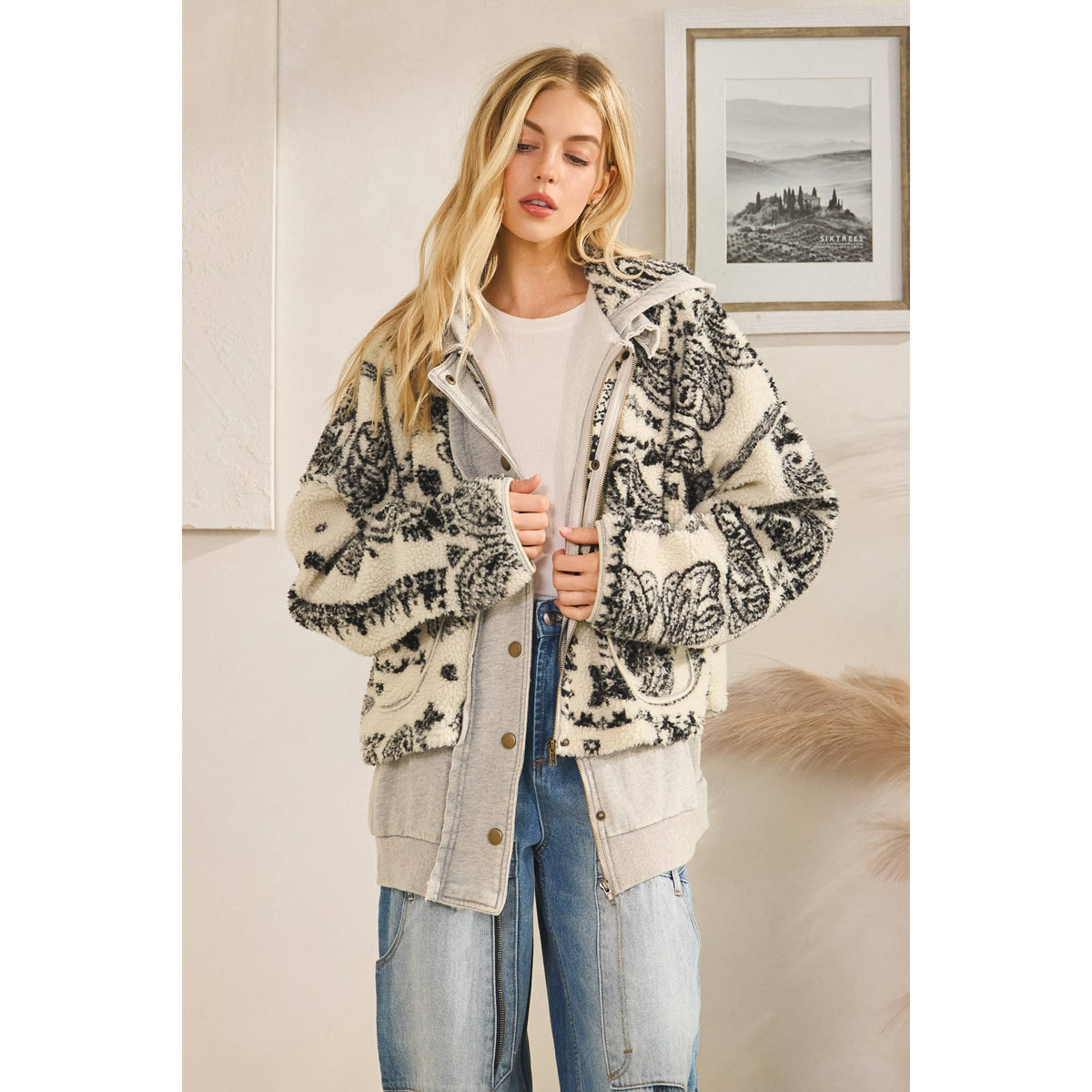 TERRY FLEECE MIX ZIP FRONT JACKET