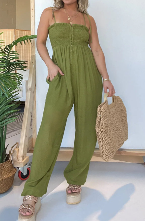 SMOCKED TIE STRAP JUMPSUIT