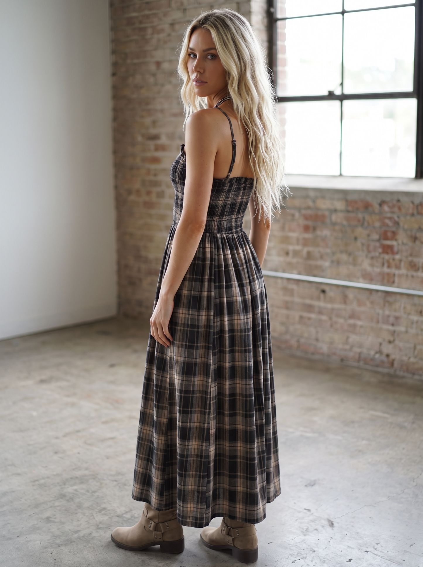 Plaid Smocked Maxi Dress