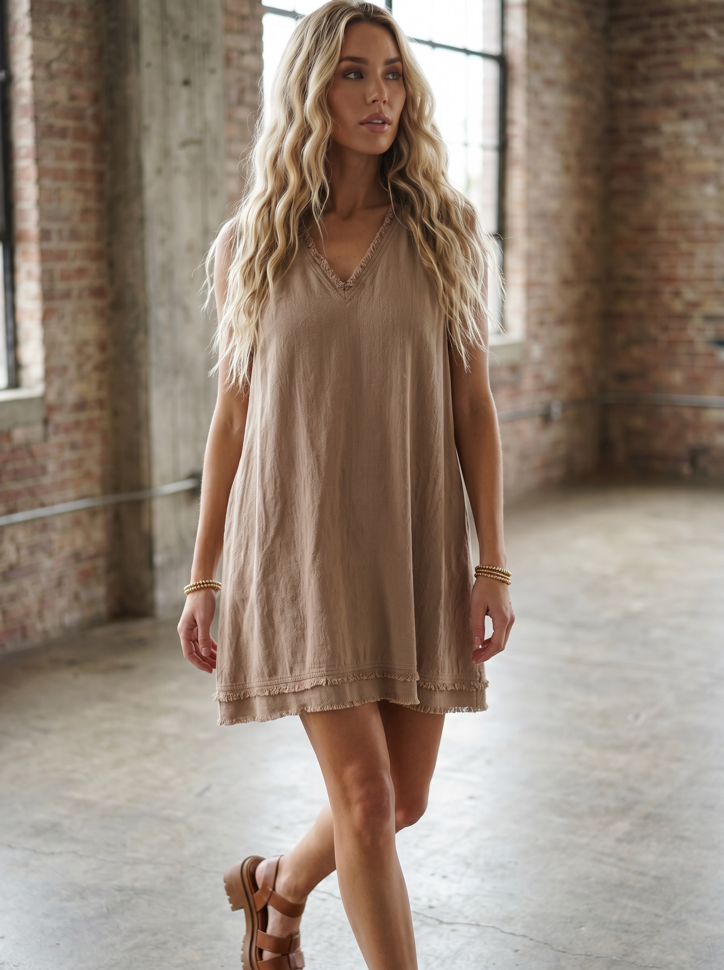Soft Washed Cut Edge V-neck Frayed Hem Mini Dress