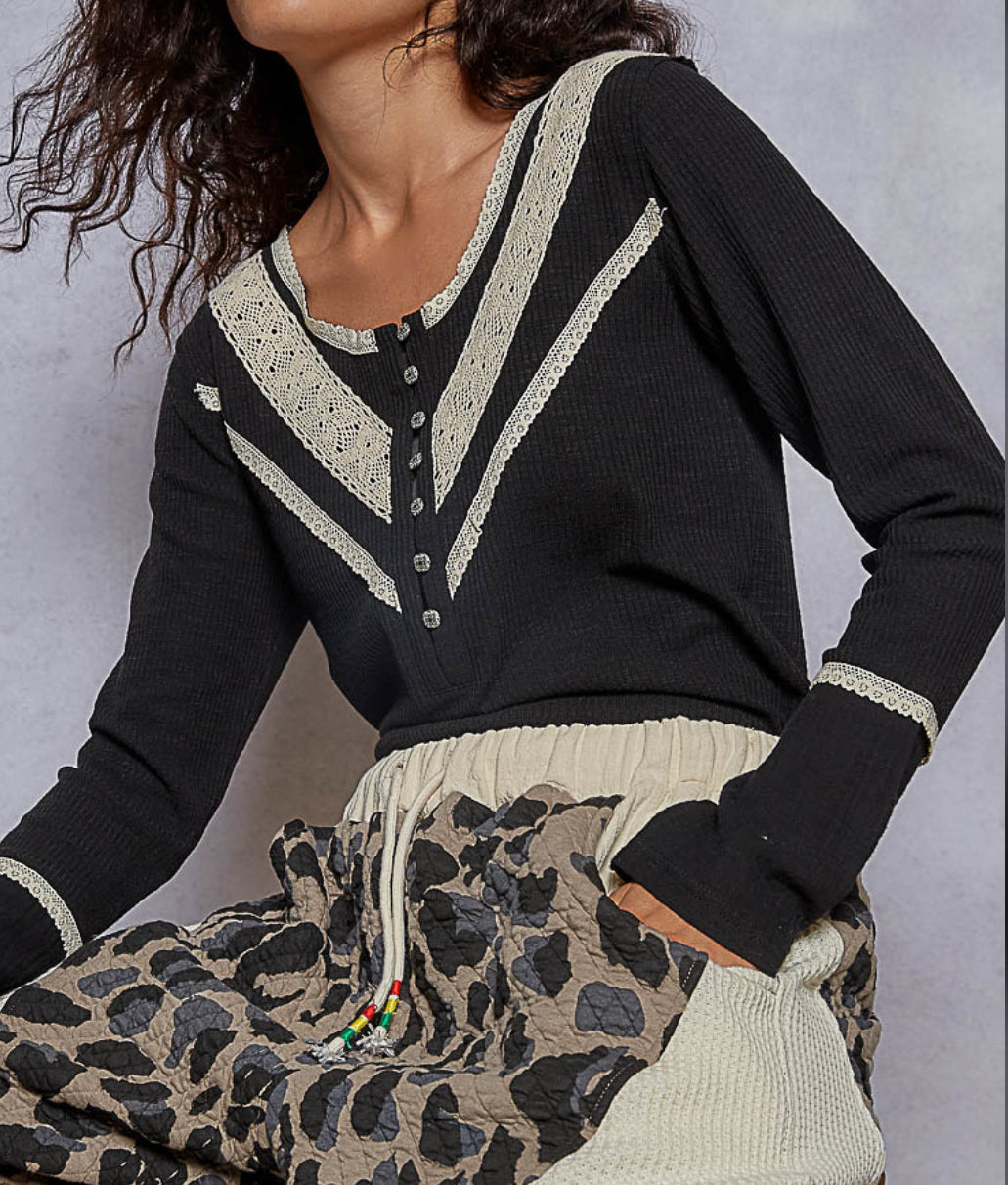 POL Crochet Contrast Henley