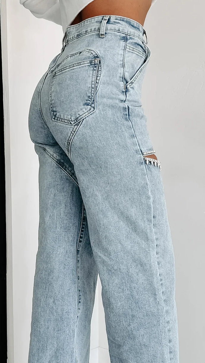 Washed Denim Cut Front Rhinestone Jeans