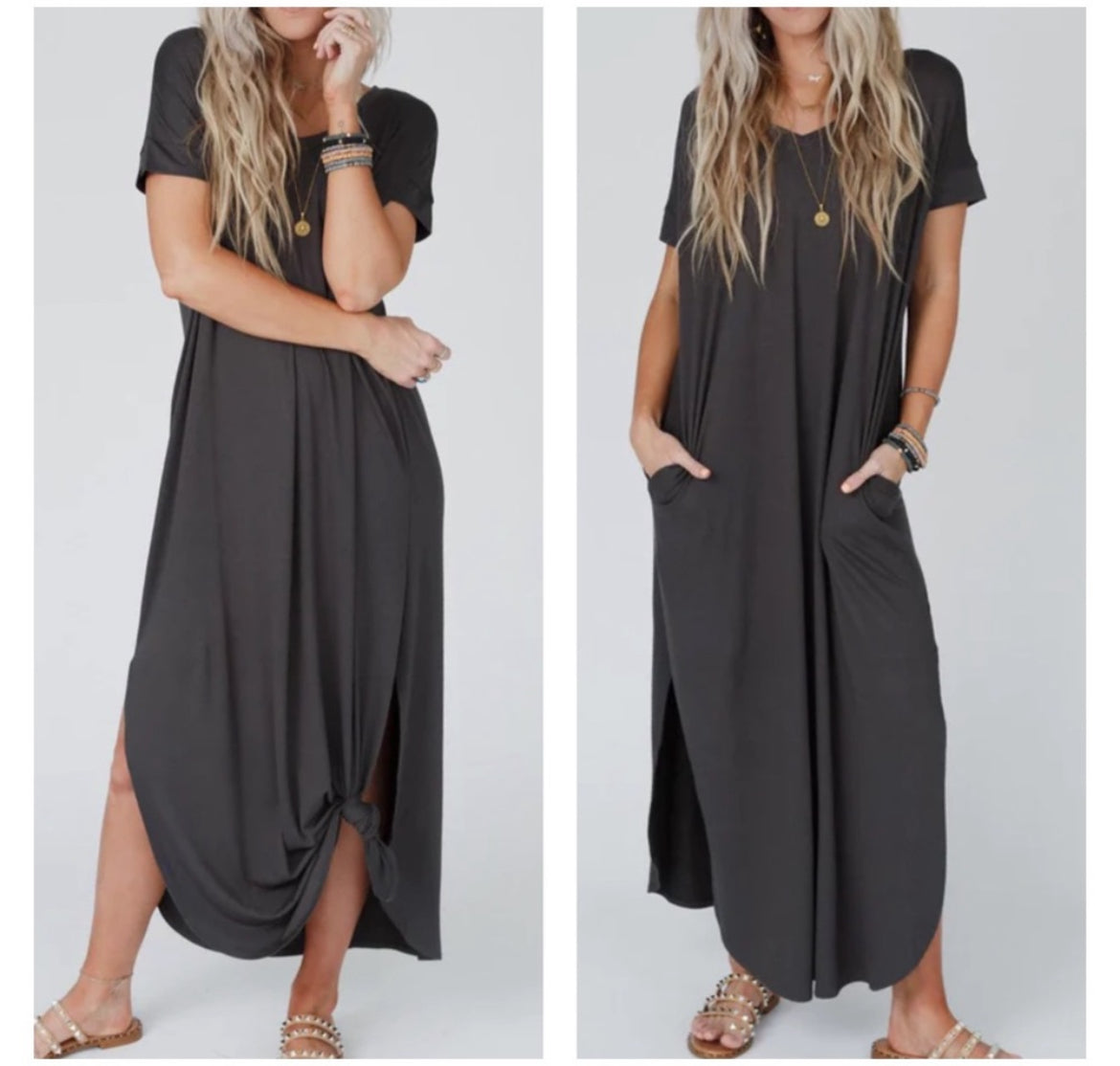 Viscose Fabric V-Neck Short Sleeve Maxi Dress