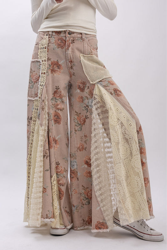 PREORDER - Floral Print Lace Panel Pants