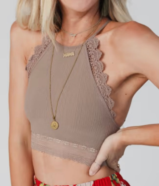 High Neck Crochet Lace Trim Bralette