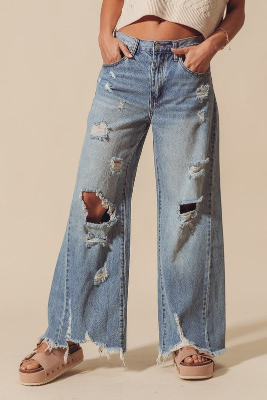 Mid Rise Distressed Wide Leg Jeans