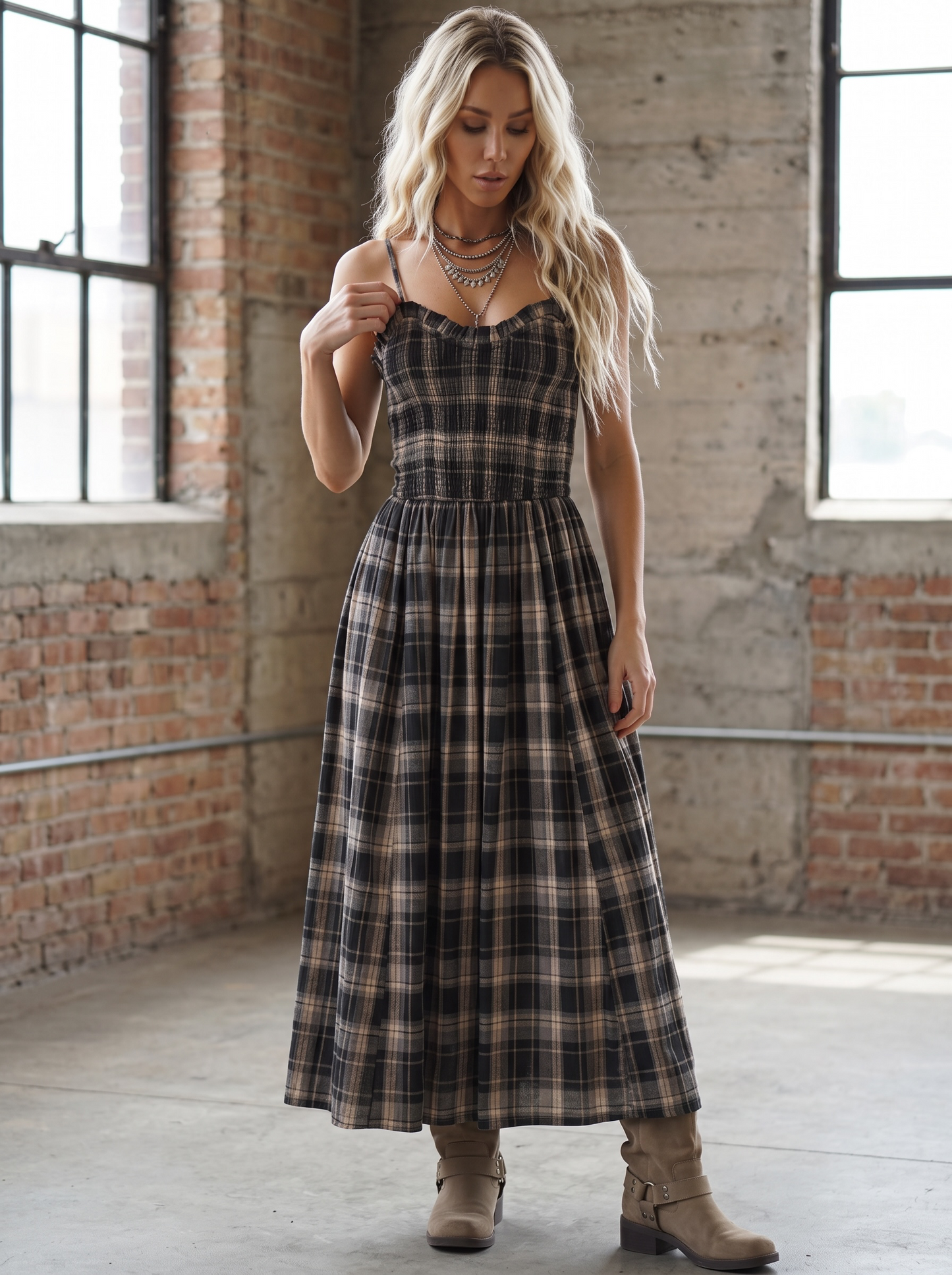 Plaid Smocked Maxi Dress