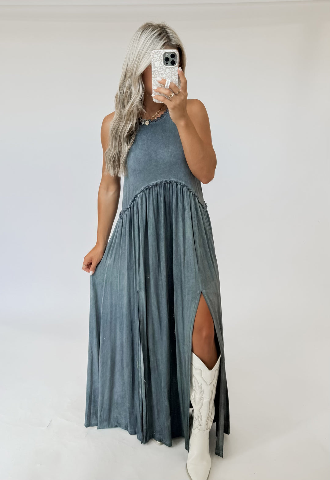 Stone Washed Side Slit Cut Out Maxi Dress