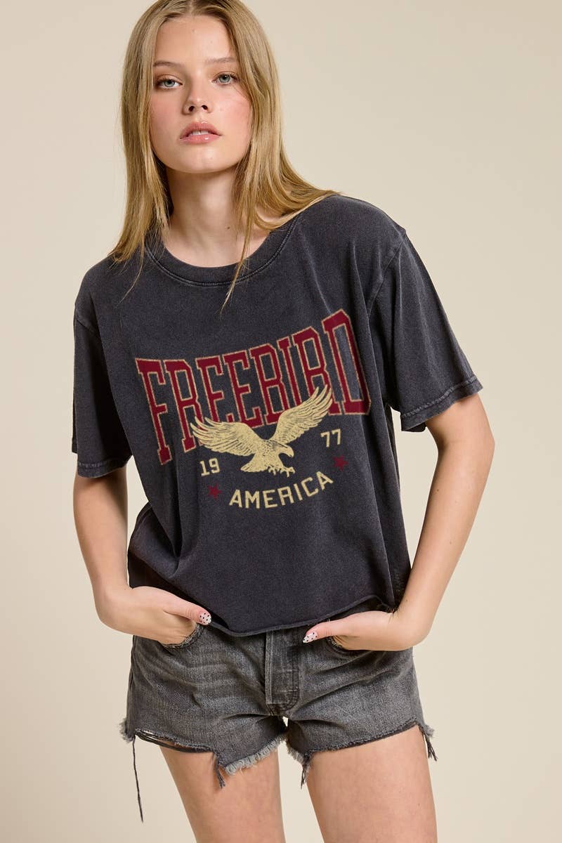 Free Bird America 1977 Graphic Raw Hem Faux Crop Tee