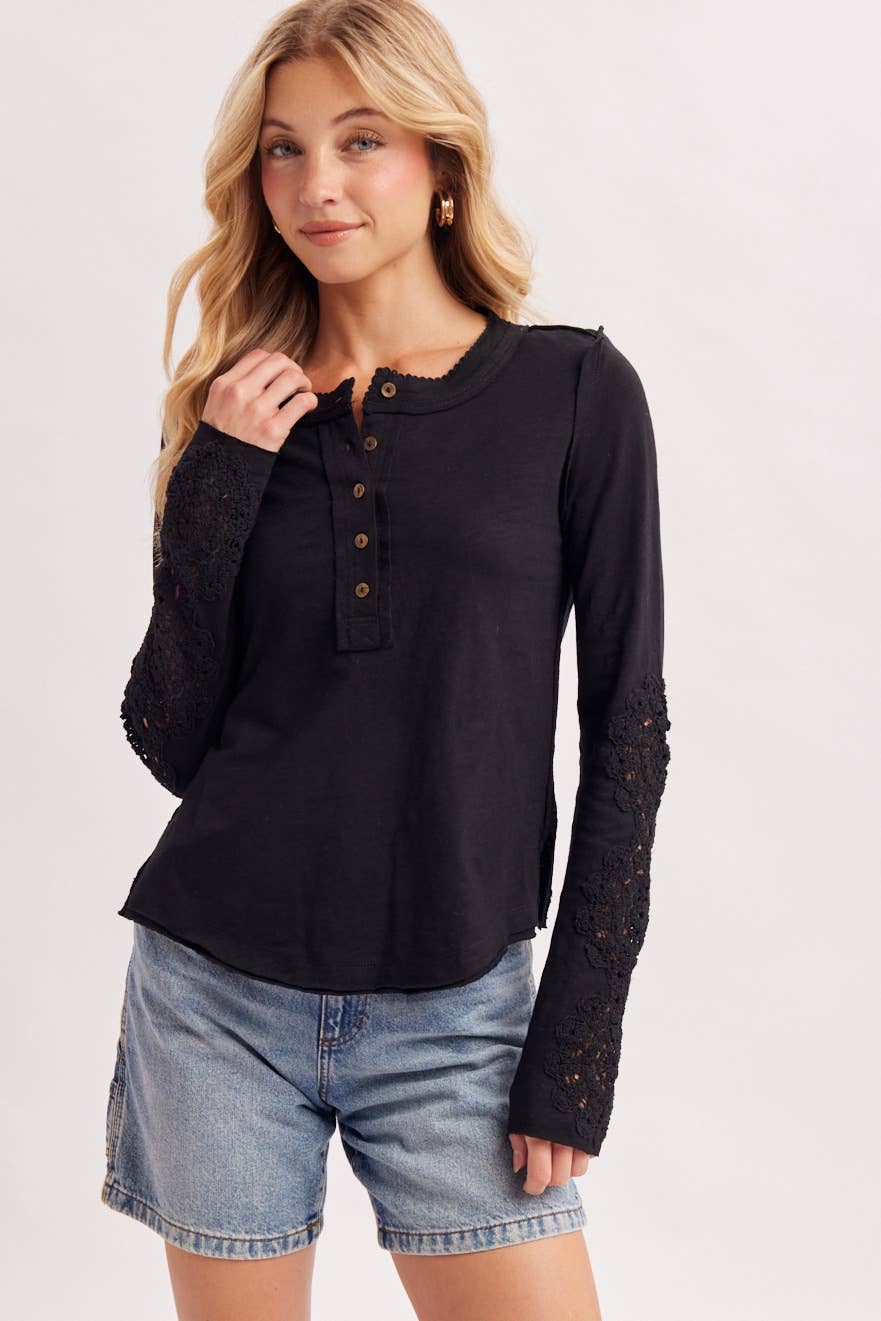 CROCHET PATCH SLEEVED HALF BUTTON ROUND NECK TOP