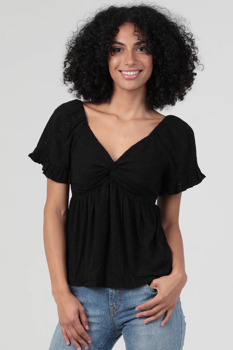 C2186-EM08 EYELET EMBROIDERED TWIST FRONT BLOUSE