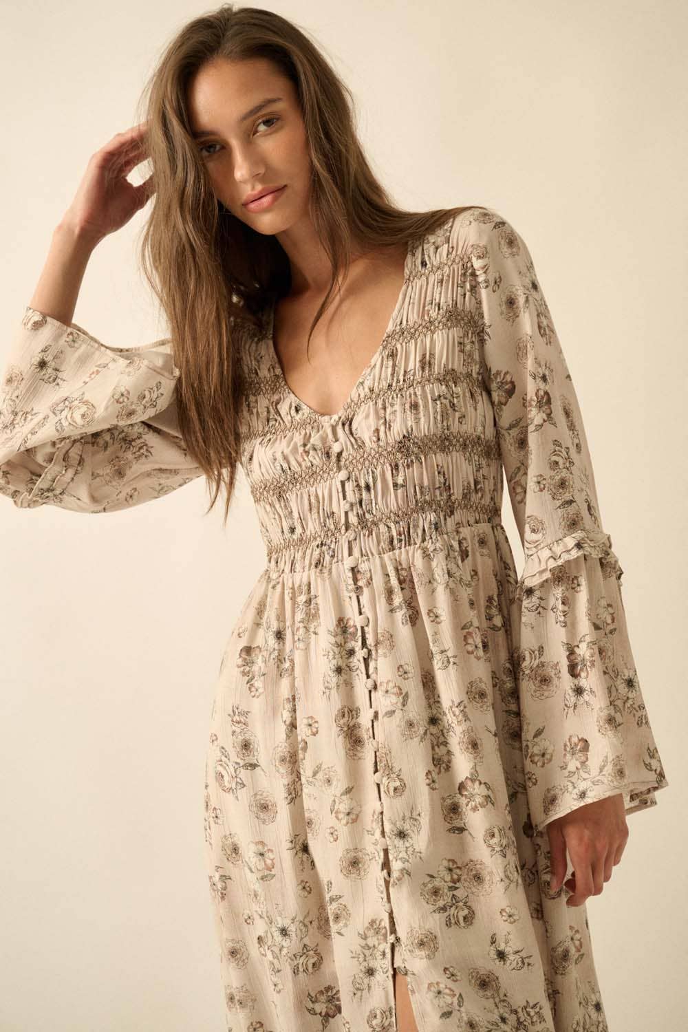 Floral Bubble-Sleeve Smocked Midi Dress