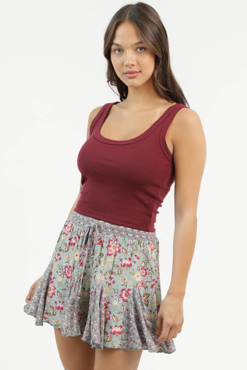 BS909-A980-A981 TWIN PRINT GODET SHORTS WITH ELASTIC WAIST