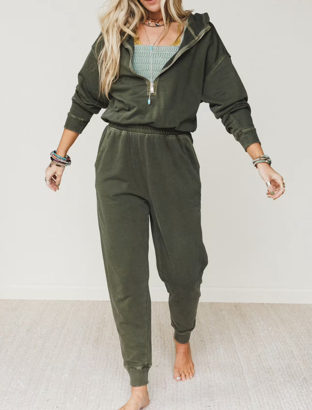 Washed 1/2 Zip Jumpsuit