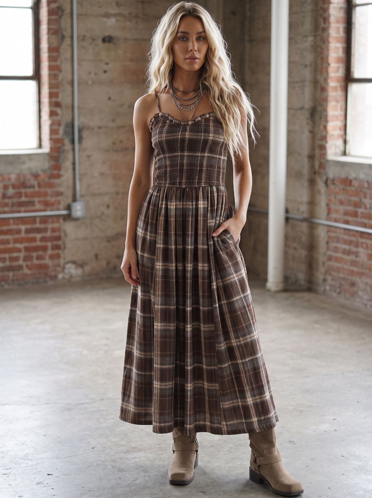 Plaid Smocked Maxi Dress