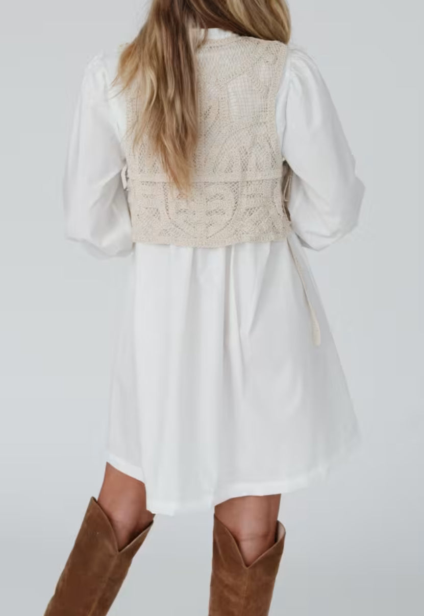 Annie Wear Crochet Vest Notched Long Sleeve Shirt Dress