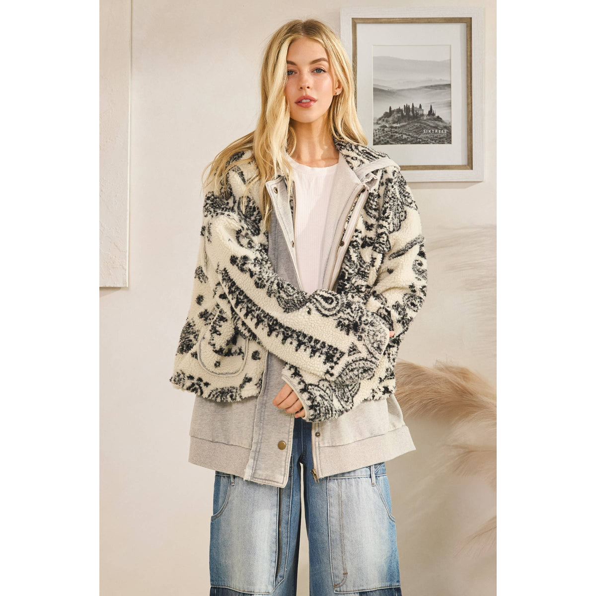 TERRY FLEECE MIX ZIP FRONT JACKET